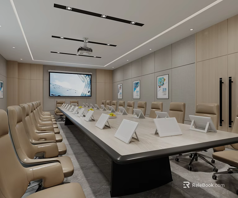 Modern Conference Room Interior With Long Table Chairs Projection Screen And Wall Paintings 3d model 