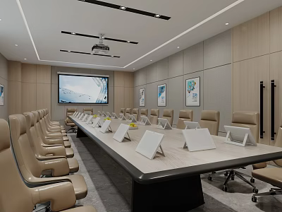 Modern Conference Room Interior With Long Table Chairs Projection Screen And Wall Paintings 3d model