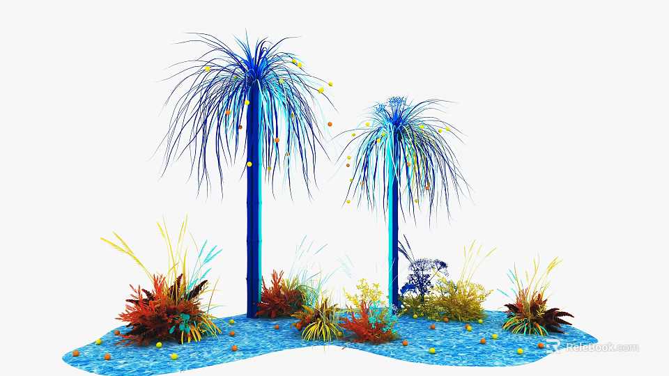 Floral Display Featuring Blue Palm Like Plants Colorful Grasses And Blue Water Surface 3d model 
