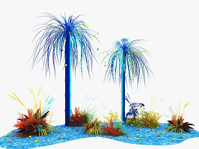 Floral Display Featuring Blue Palm Like Plants Colorful Grasses And Blue Water Surface 3d model