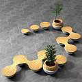 Modern Outdoor Landscape Seats With Wooden Tops And Concrete Bases And Plants