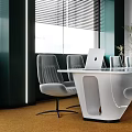 Modern Conference Room With Dark Green Walls White Table Gray Chairs And Large Screen