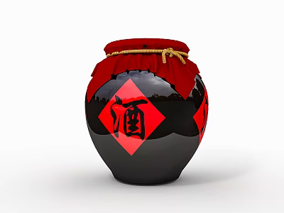 Traditional Chinese Wine Jar With Red Cloth Cover Yellow Rope And Chinese Character 3d model