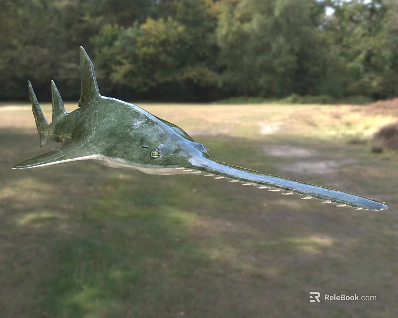 Green Sawfish Aquatic Animal With Long Serrated Rostrum In Outdoor Grassy Field With Trees 3d model 