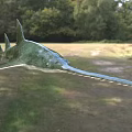 Green Sawfish Aquatic Animal With Long Serrated Rostrum In Outdoor Grassy Field With Trees