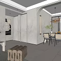 Modern Dining and Living Area Interior With Light Cabinets Dining Table Chairs And Pendant Light