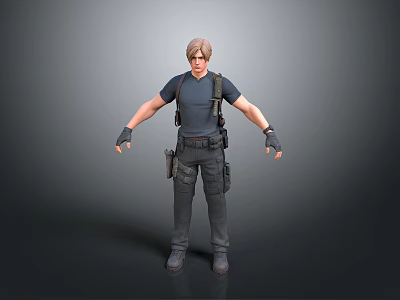 Man In Blue T-shirt With Backpack Tactical Belt Black Pants Wrist Guards On Gray Background 3d model