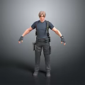 Man In Blue T-shirt With Backpack Tactical Belt Black Pants Wrist Guards On Gray Background
