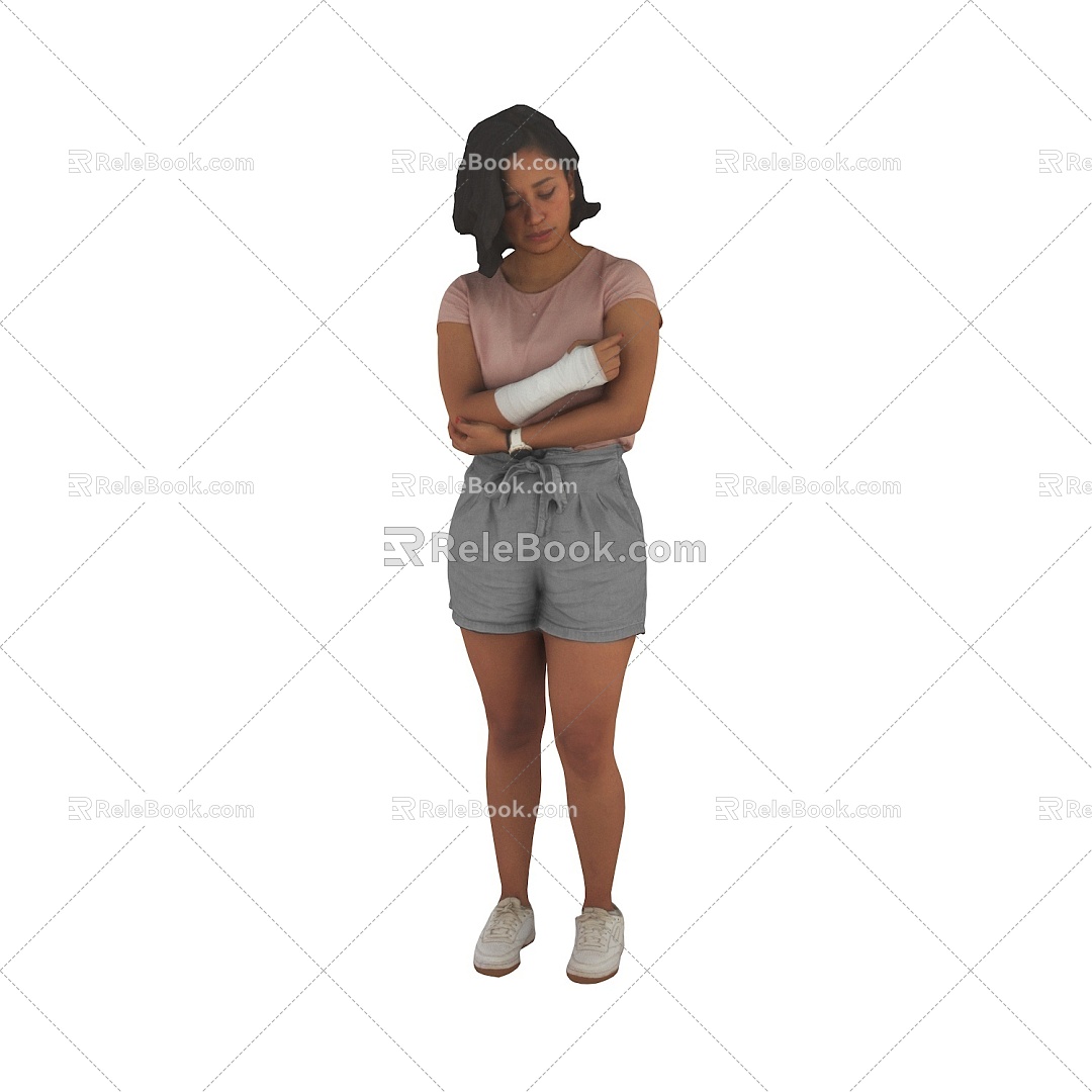 Hospital patient standing foreign woman arm injured woman with bandages tied 3d model