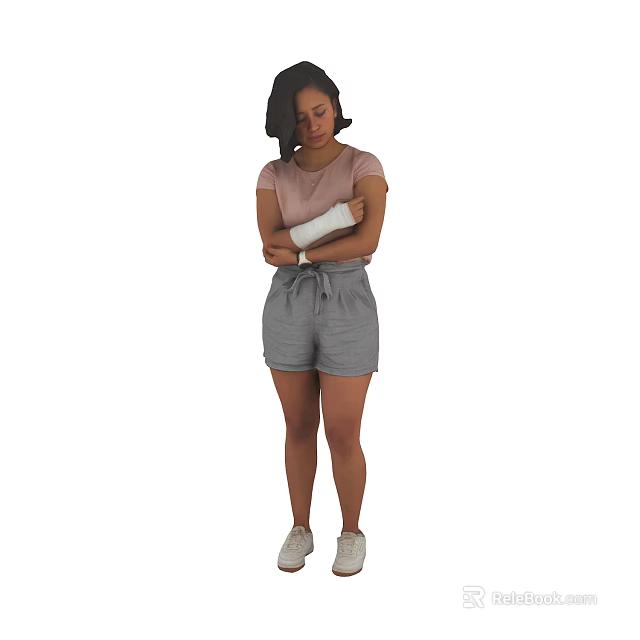 Woman in pink T-shirt and gray shorts with arm bandage standing 3d model 