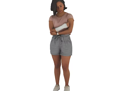 Woman in pink T-shirt and gray shorts with arm bandage standing 3d model
