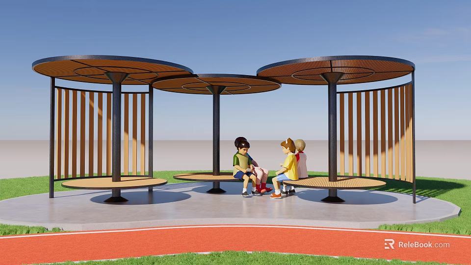 Three Circular Roof Landscape Pavilions With Wooden Benches And People Sitting Under Blue Sky 3d model 