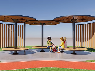 Three Circular Roof Landscape Pavilions With Wooden Benches And People Sitting Under Blue Sky 3d model