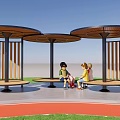 Three Circular Roof Landscape Pavilions With Wooden Benches And People Sitting Under Blue Sky