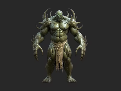 Fierce Green Skinned Muscular Game Movie Character With Horns Spikes And Tattered Loincloth 3d model