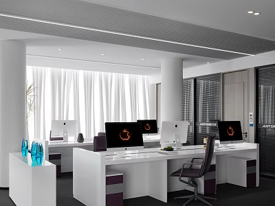 Bright Modern Public Office Space Interior With Spacious Desks Computers Ergonomic Chairs And Large Windows 3d model