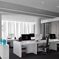 Bright Modern Public Office Space Interior With Spacious Desks Computers Ergonomic Chairs And Large Windows