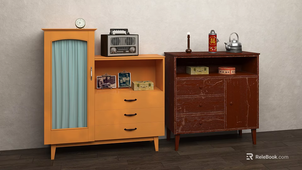 Vintage TV Stands with Orange and Brown Finish Featuring Drawers Glass Door and Decorative Items 3d model 
