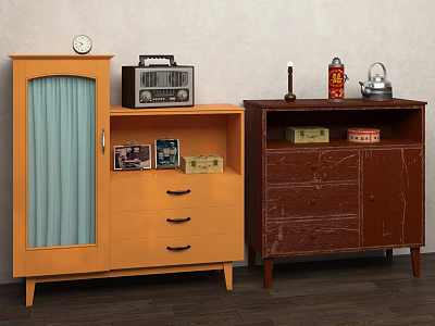 Vintage TV Stands with Orange and Brown Finish Featuring Drawers Glass Door and Decorative Items 3d model