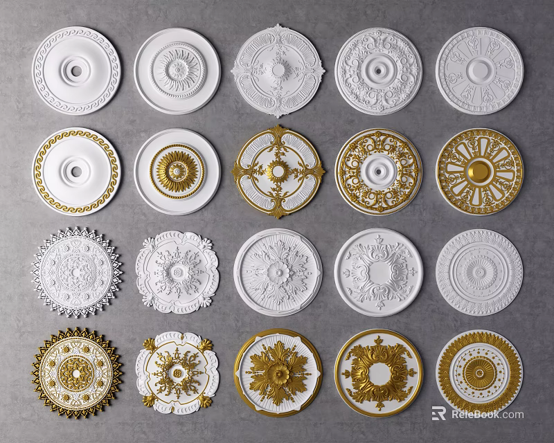 Various Ornate Ceiling Medallions in White and Gold Decorative Plaster Designs 3d model 