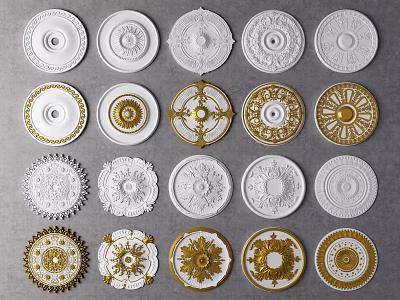 Various Ornate Ceiling Medallions in White and Gold Decorative Plaster Designs 3d model