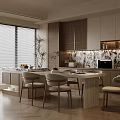 Modern Restaurant Open Kitchen Design With Island Dining Chairs Patterned Backsplash And Blinds 3d model