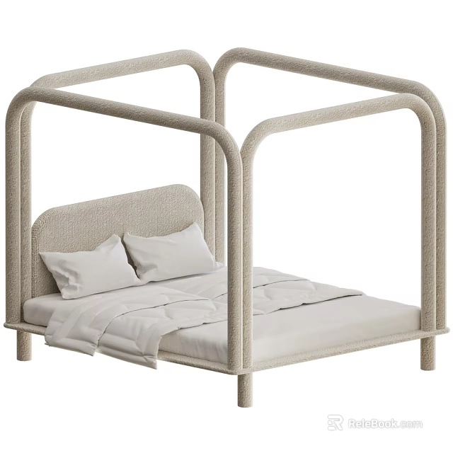 Modern Double Bed with Curved Frame Woven Upholstery White Pillows and Sheets 3d model 