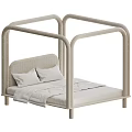 Modern Double Bed with Curved Frame Woven Upholstery White Pillows and Sheets