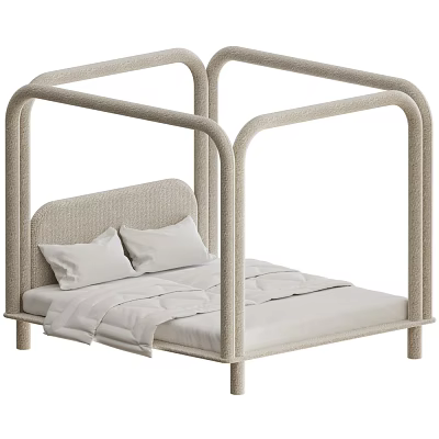 Modern Double Bed with Curved Frame Woven Upholstery White Pillows and Sheets 3d model