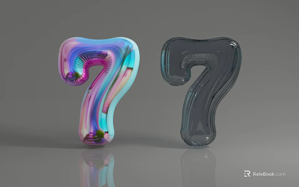 Colorful And Dark Number 7 Shaped Balloons With Glossy Reflective Surface 3d model 