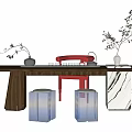 Stylish Tea Table Set With Red Chair Blue Gradient Stools And Decorative Vases 3d model