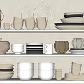 Modern Minimalist Dinnerware Set With Cups Bowls Plates Jars And Vases On Shelves