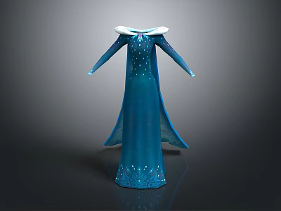 Elegant Blue Long Sleeve Gown With White Collar Flowing Skirt And Sparkling Details 3d model