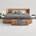 Modern Brown Double Bed Interior With Gray Bedding Nightstand Lamp And Ottoman 3d model