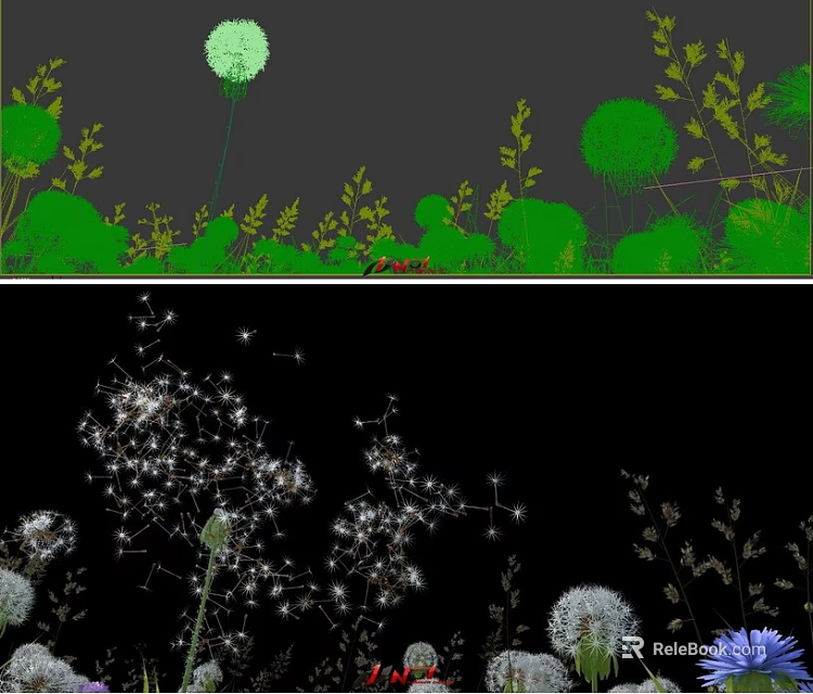 Stunning Natural Scenery With Green Bushes Leafy Plants Dandelions Purple Wildflowers And Glowing Seeds 3d model 