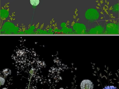 Stunning Natural Scenery With Green Bushes Leafy Plants Dandelions Purple Wildflowers And Glowing Seeds 3d model