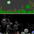 Stunning Natural Scenery With Green Bushes Leafy Plants Dandelions Purple Wildflowers And Glowing Seeds