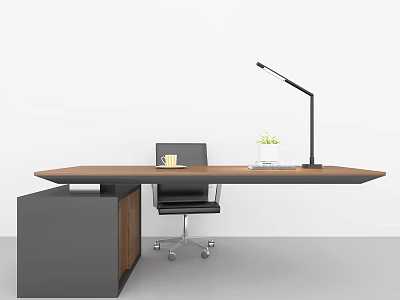 Modern Office Desk with Wooden Top Desk Lamp Mug Small Plant and Rolling Office Chair 3d model