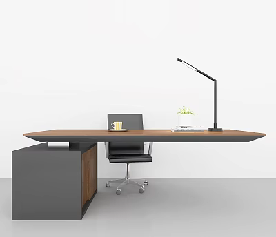 Modern Office Desk with Wooden Top Desk Lamp Mug Small Plant and Rolling Office Chair 3d model