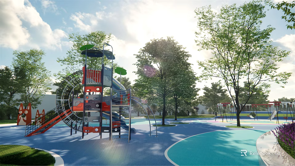 Outdoor Playground With Colorful Flooring Slide Climbing Structure And Trees 3d model 