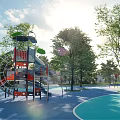 Outdoor Playground With Colorful Flooring Slide Climbing Structure And Trees