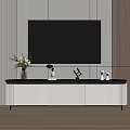 Modern White TV Stand With Drawers Cabinets Large Black Screen Vase Flowers And Table Lamp