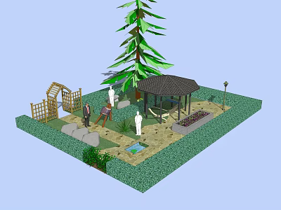 Roof Garden Design with Tall Tree Gazebo Wooden Fence Statues Small Pond and Stone Path 3d model