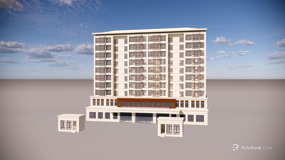Modern Multi Story Building Featuring Multiple Windows Entrance Area And Small Annex Under Blue Sky 3d model 