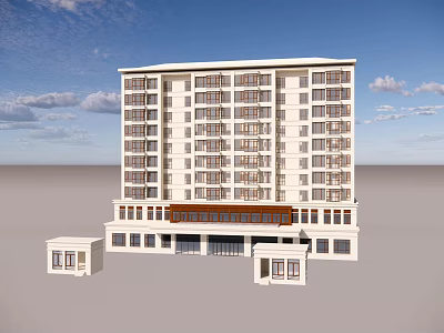 Modern Multi Story Building Featuring Multiple Windows Entrance Area And Small Annex Under Blue Sky 3d model