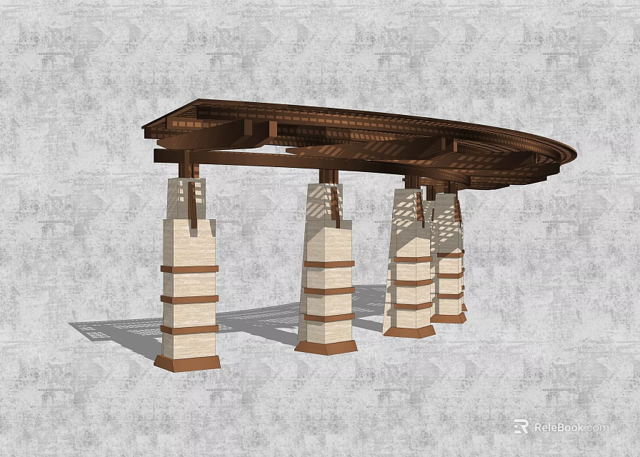 Outdoor Pergola With Wooden Curved Roof And Stone Brick Striped Columns 3d model 
