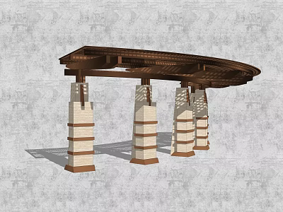 Outdoor Pergola With Wooden Curved Roof And Stone Brick Striped Columns 3d model