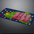 Pink Meat Slices on Green Leaves Blue Tray with Red White Flowers and Yellow Circle