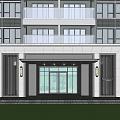 Modern Building Entrance Gate With Black Grille Panels Wall Lamps And Green Lawn