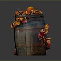 Decorated Wooden Barrel with Pumpkin and Colorful Autumn Leaves